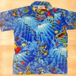 Pacific Island Apparel Hawaiian Shirt Kids M button‎ down ocean Nemo EUC